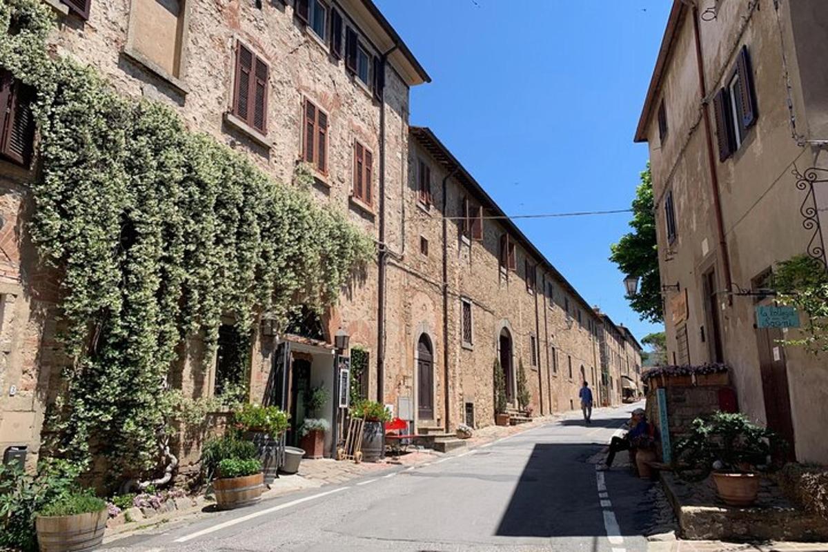 an alley with ivy growing on the side of a building