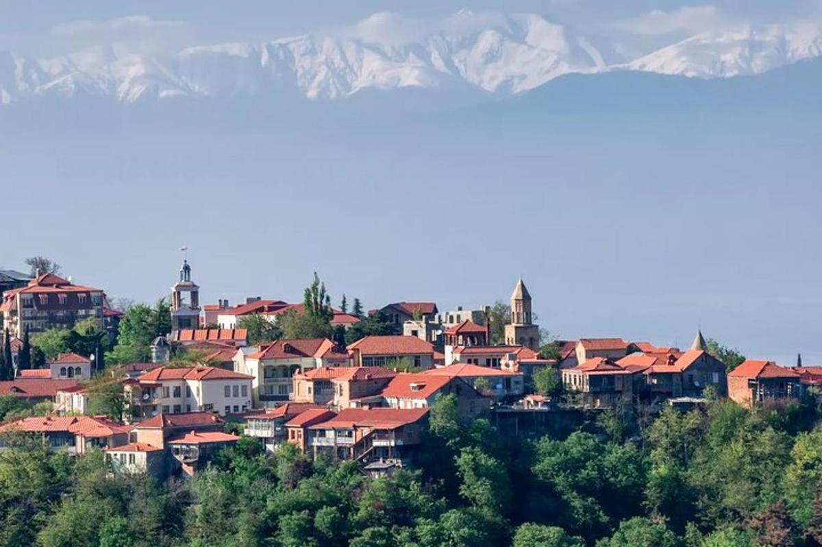 uma cidade em uma colina com montanhas ao fundo