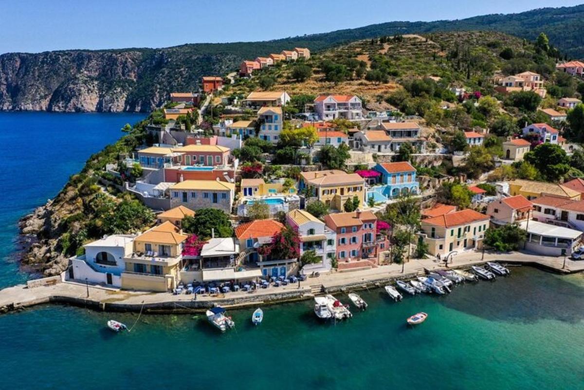 an aerial view of a town on the water