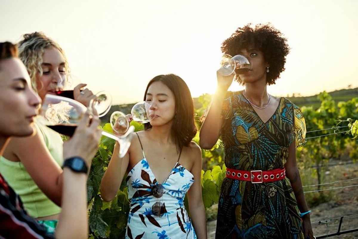 eine Gruppe von Frauen, die in einem Weinberg Wein trinken