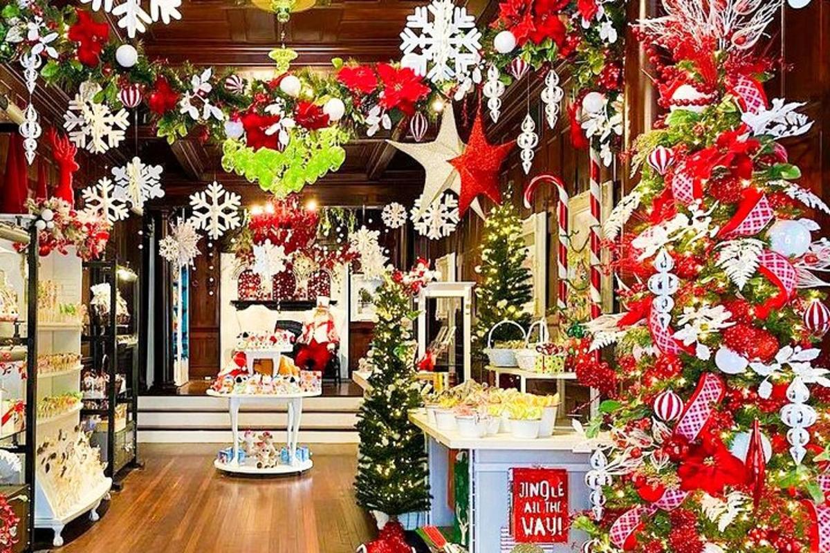 a store with christmas trees and christmas decorations