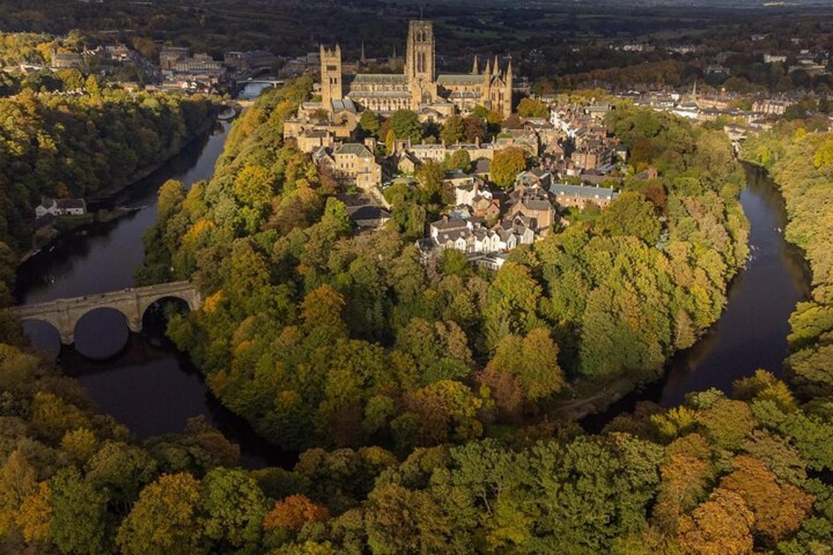 an aerial view of a town with a bridge and a river