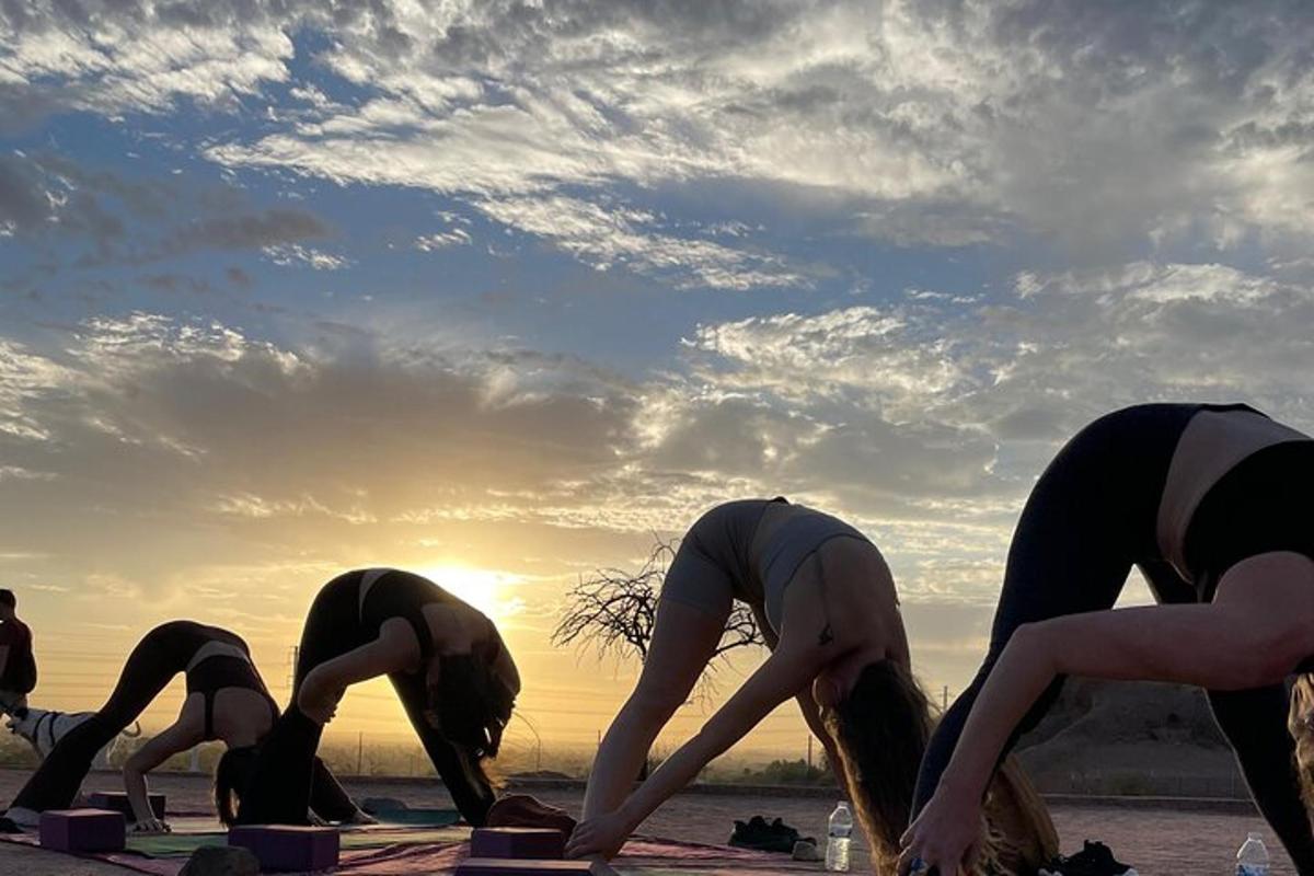 en gruppe mennesker som gjør yoga på stranden