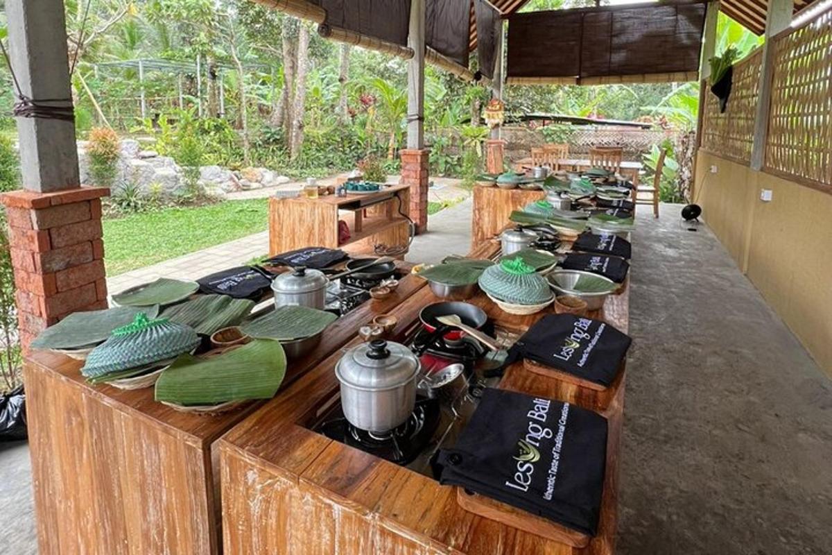 a table with pots and pans on top