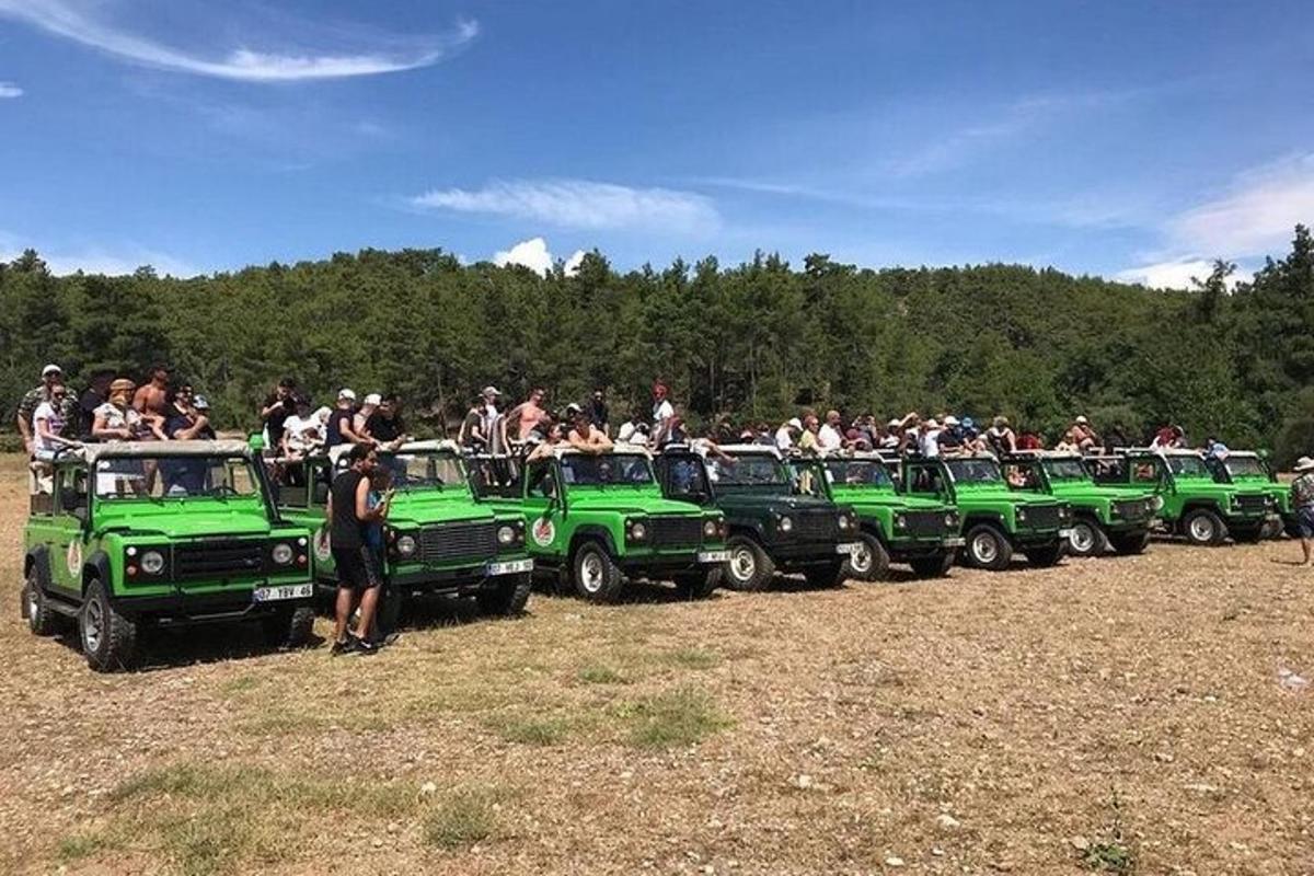 un grup de camions verds aparcats en un camp