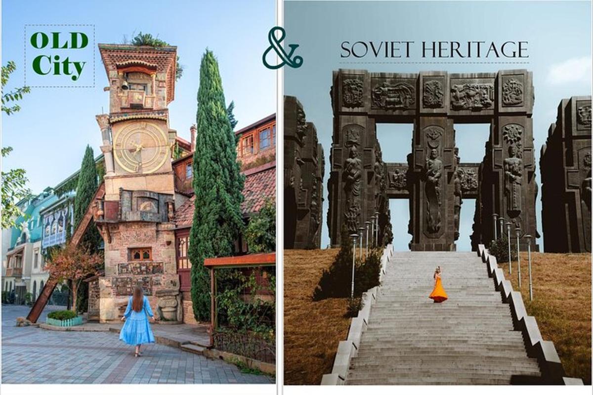 staré mesto a žena v modrých šatách kráčajúca dolu schodmi