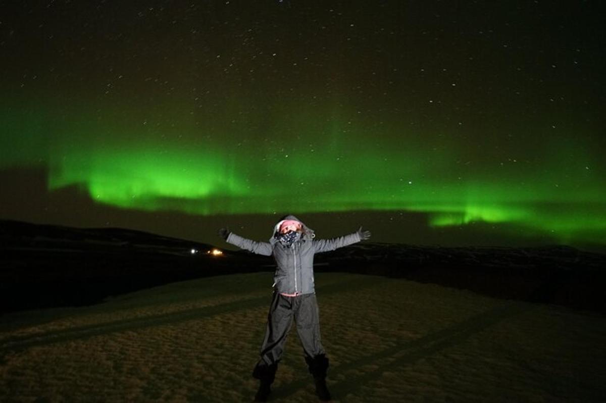 Una persona parada bajo la aurora boreal verde.