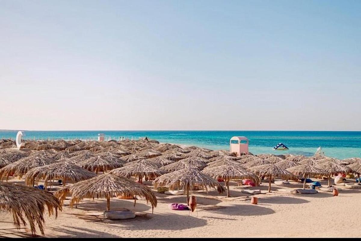 una platja amb molts para-sols de palla i l'oceà