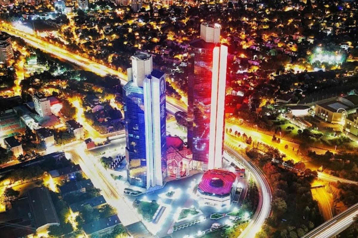 an overhead view of a city at night
