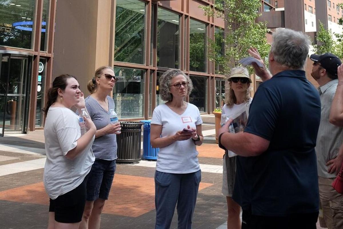a group of people standing in front of a building
