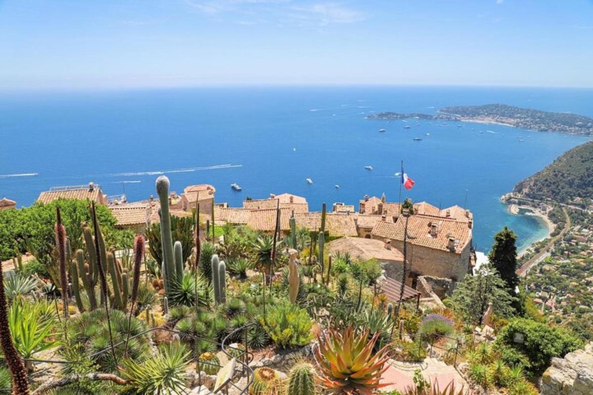 un castello in cima a una collina con cactus e l'oceano