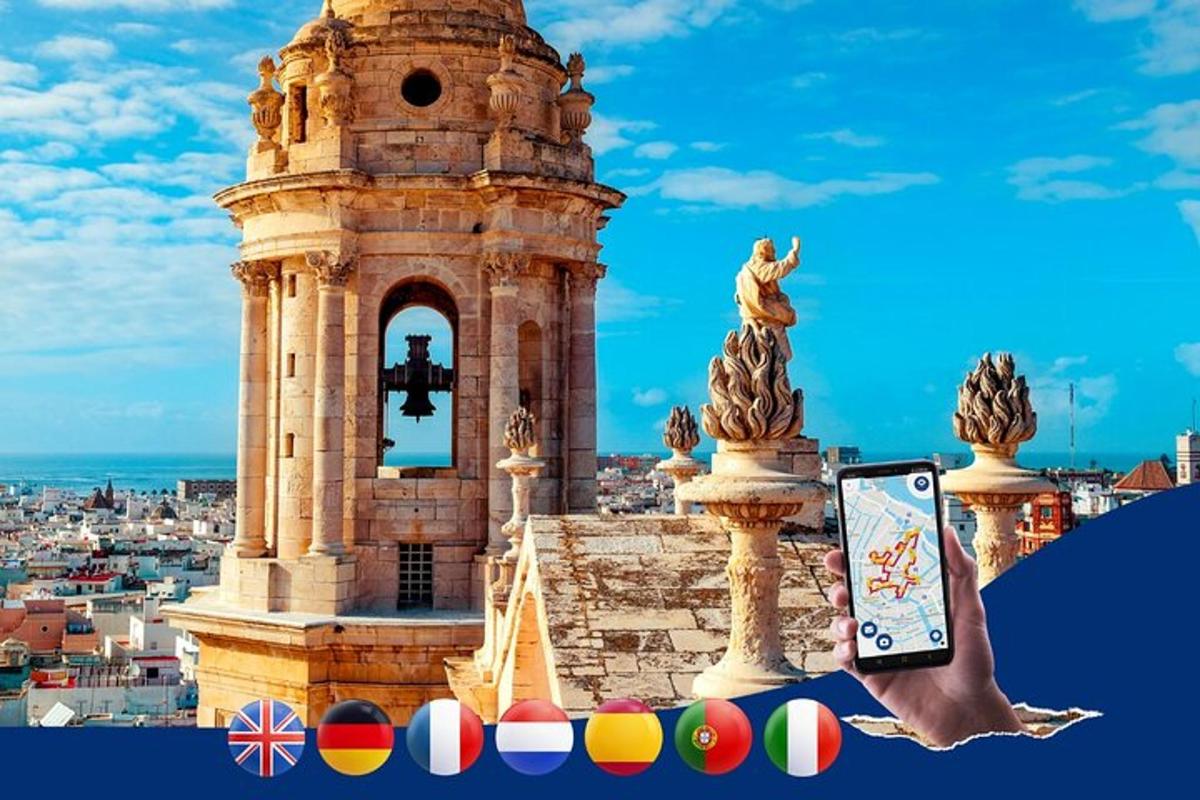a person holding a cell phone in front of a tower