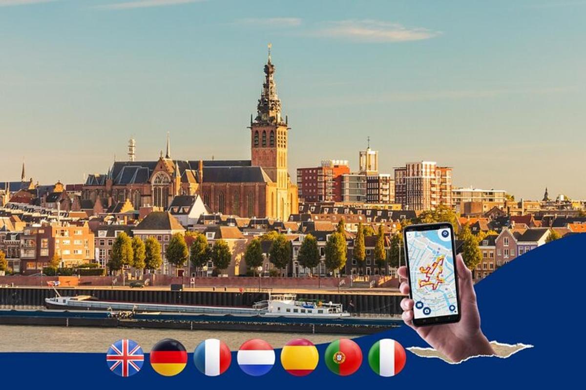 a person holding up a cell phone in front of a city