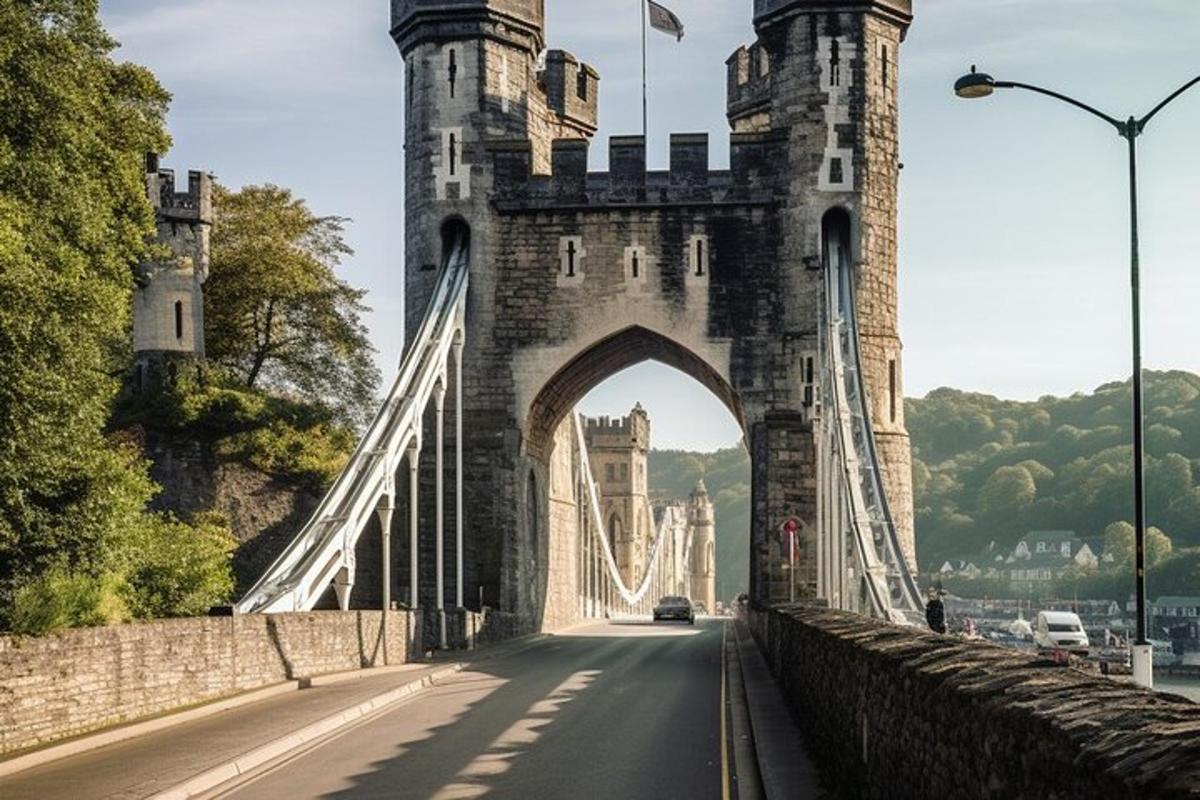 a bridge over a road with a car on it