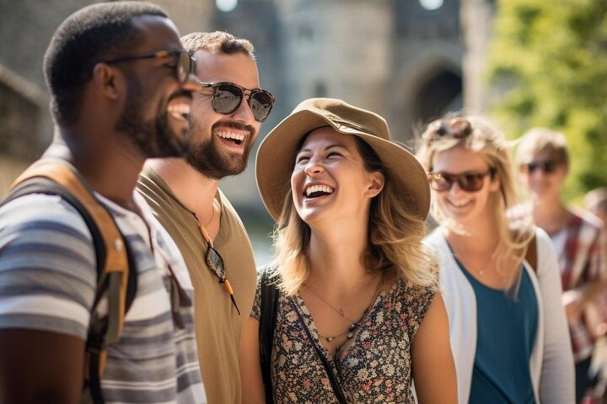 a group of people walking down the street