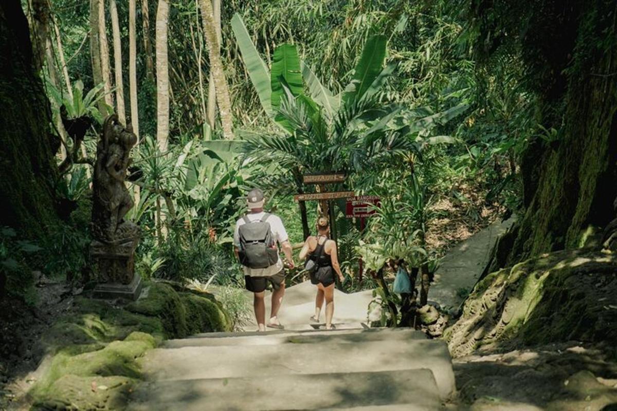 seorang lelaki dan wanita berjalan di jalan di dalam hutan
