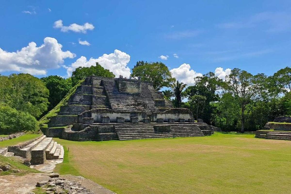 a pyramid in a field with trees in the background