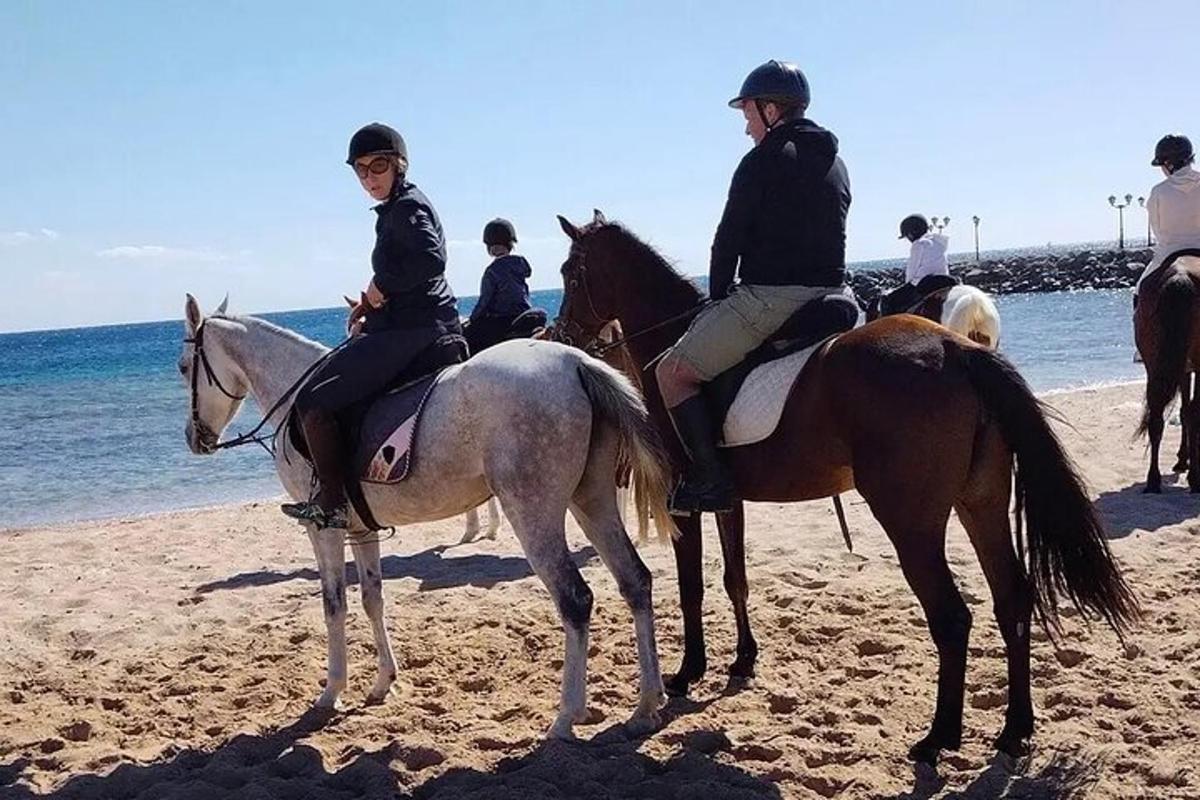 sekumpulan orang menunggang kuda di pantai