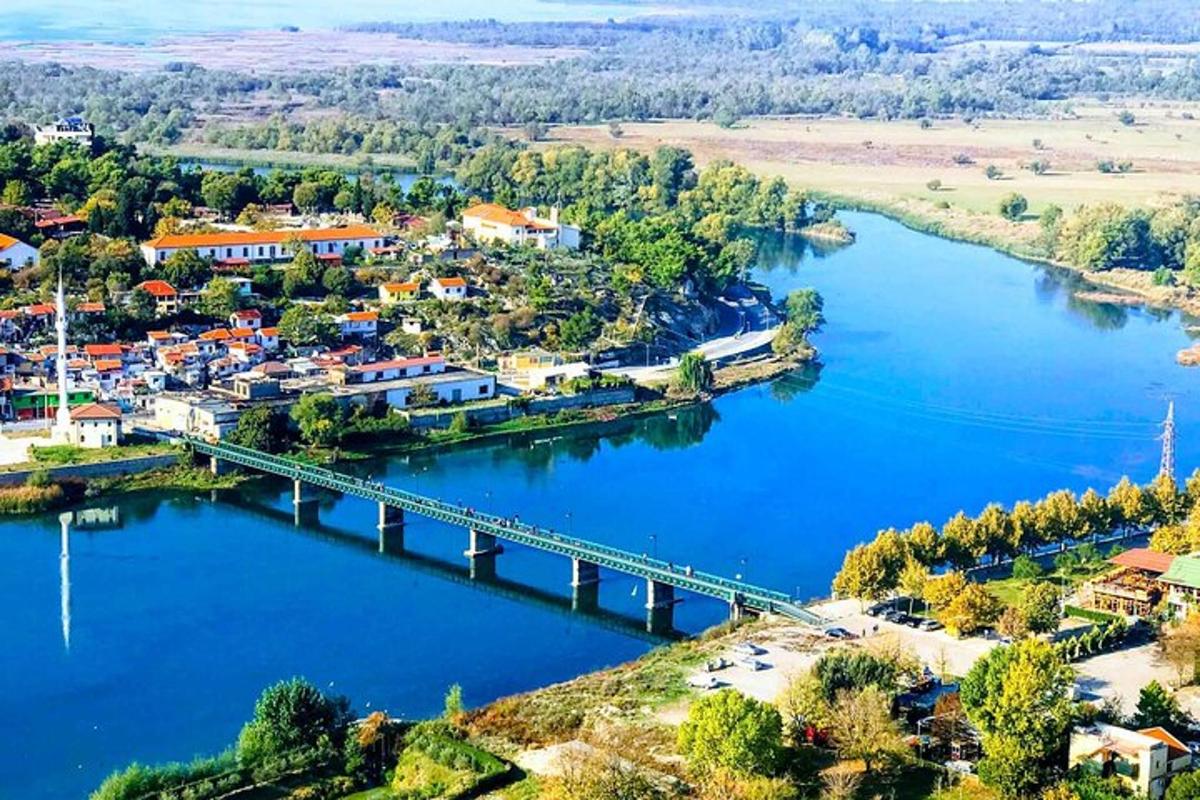 an aerial view of a bridge over a river