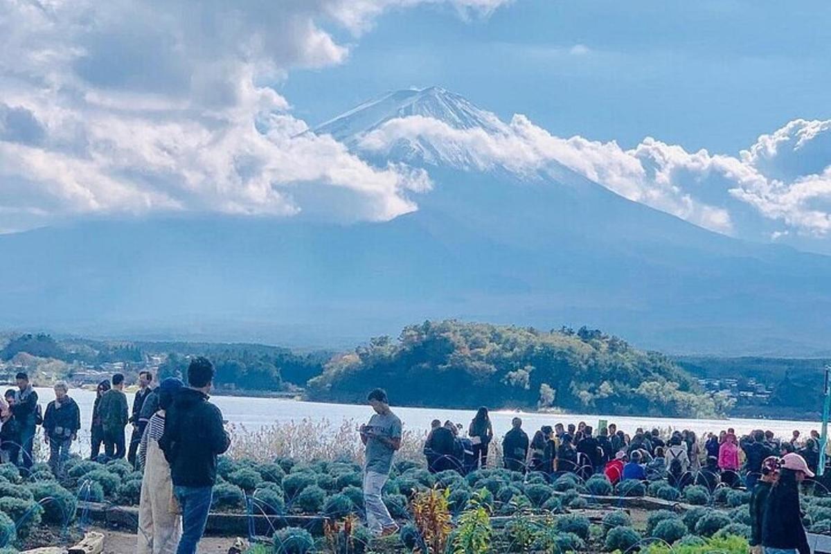 Un grupo de personas de pie frente a una montaña