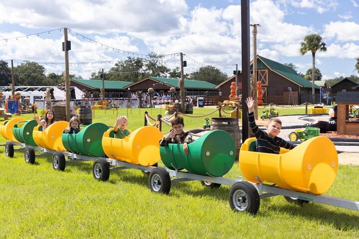 Un grupo de personas viajando en un tren en un parque.
