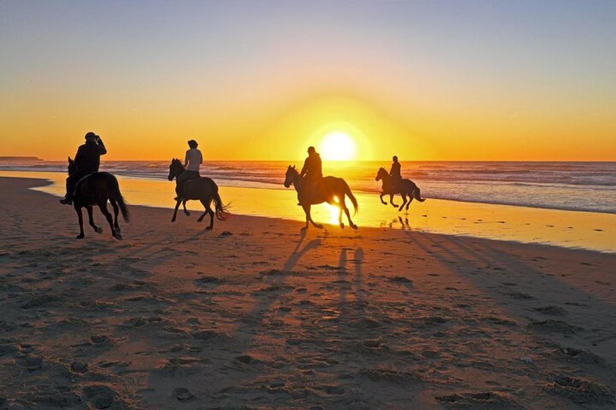 eine Gruppe von Menschen reitet bei Sonnenuntergang am Strand