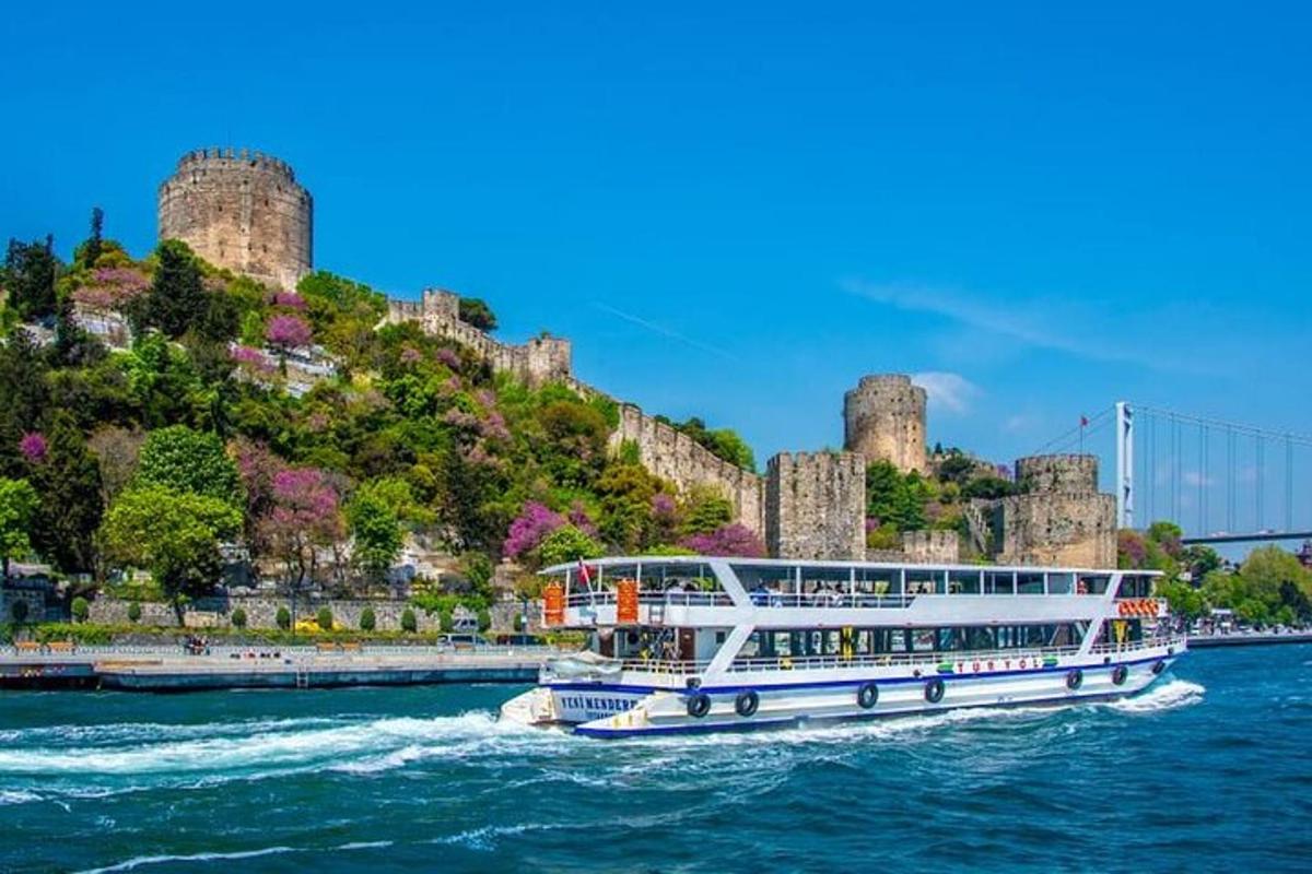 ένα κρουαζιερόπλοιο στο νερό μπροστά από ένα κάστρο