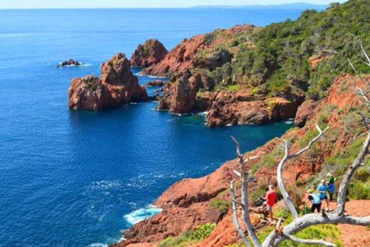 a group of people standing on a cliff near the ocean