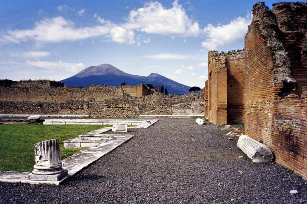 a view of the ruins of a building with a mountain in the background