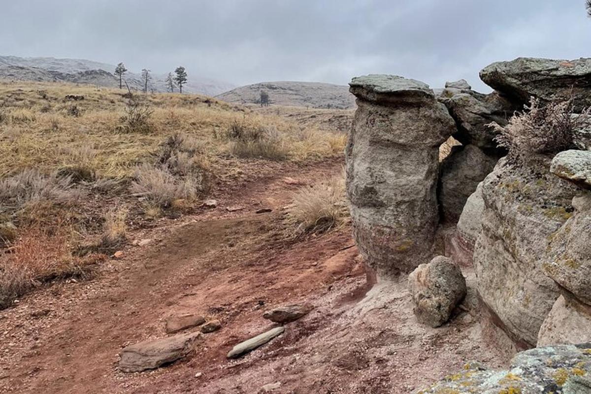 a rock formation on a dirt road in a field