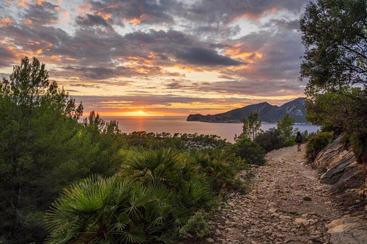 a person walking down a path near the water at sunset
