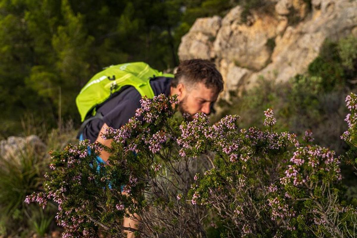 a man with a backpack on top of some flowers