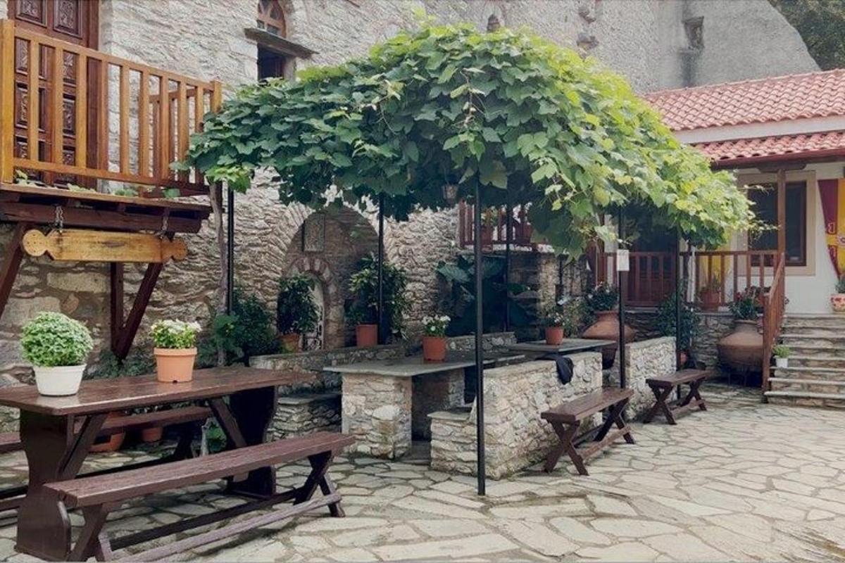 a table and benches in a courtyard with a tree