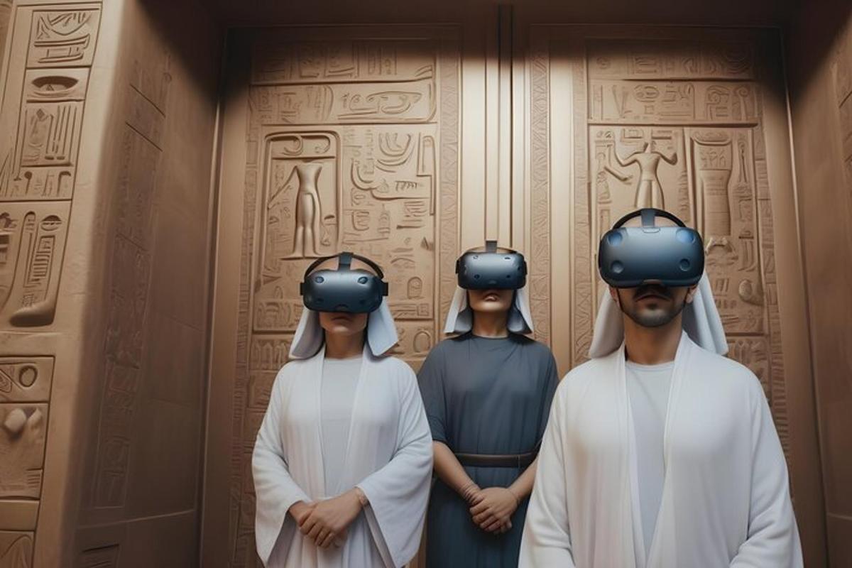 kolm virtuaalreaalsuse kiivreid kandvat inimest ukse ees