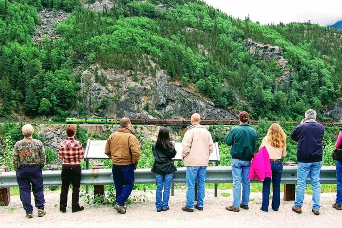 a group of people standing around looking at a train