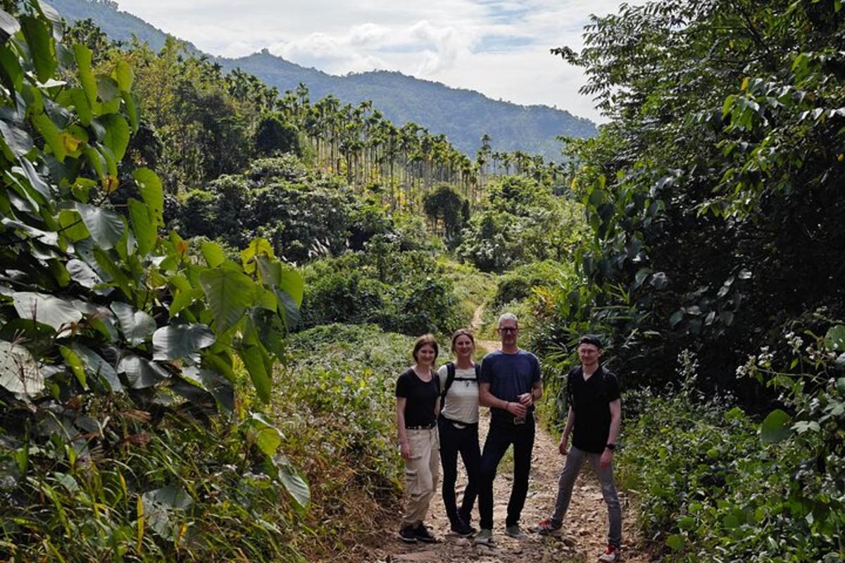 a group of people standing on a trail in the forest
