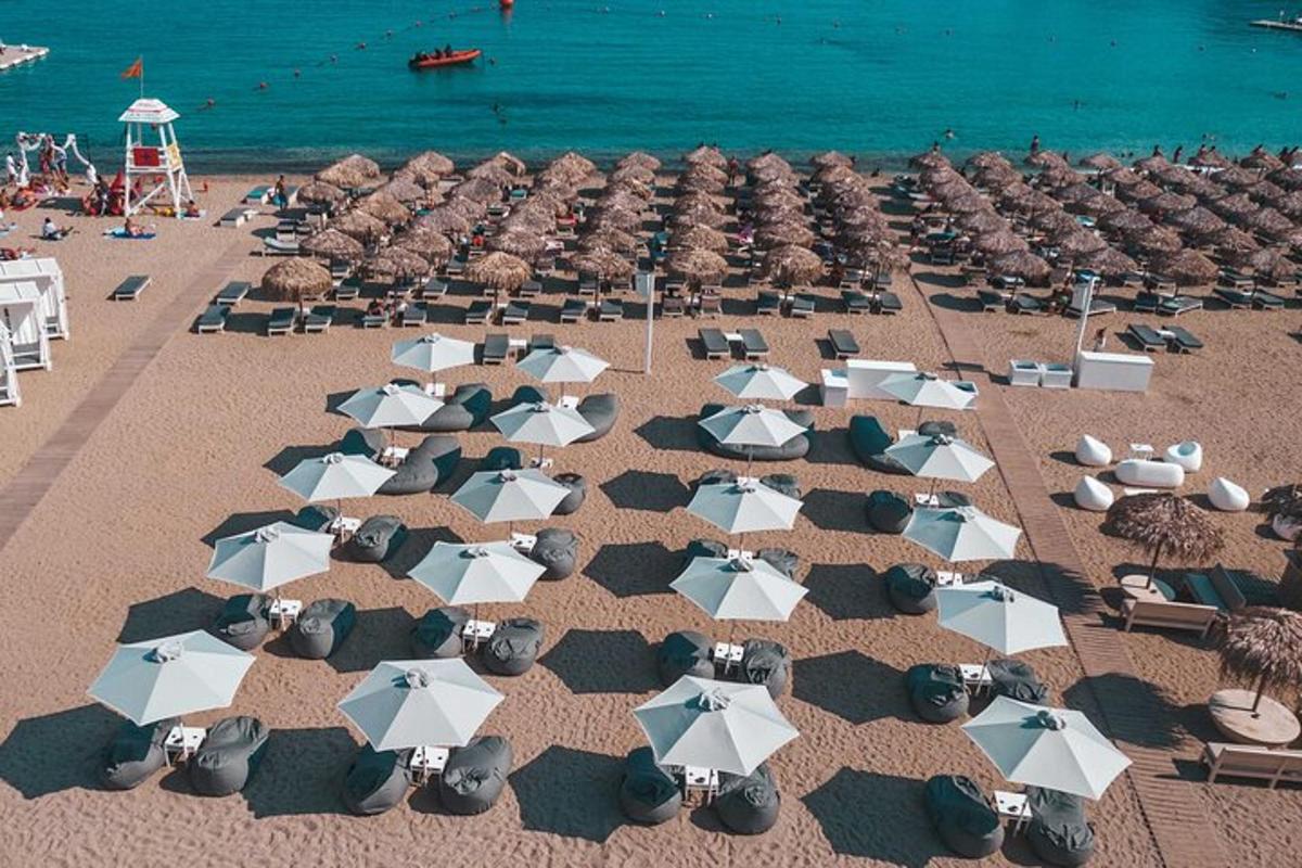 a bunch of umbrellas on a beach with the ocean