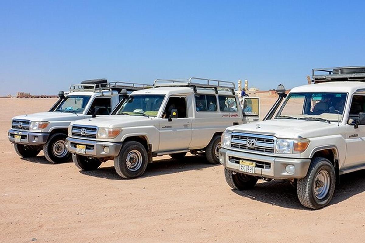 three trucks parked in a row in the desert