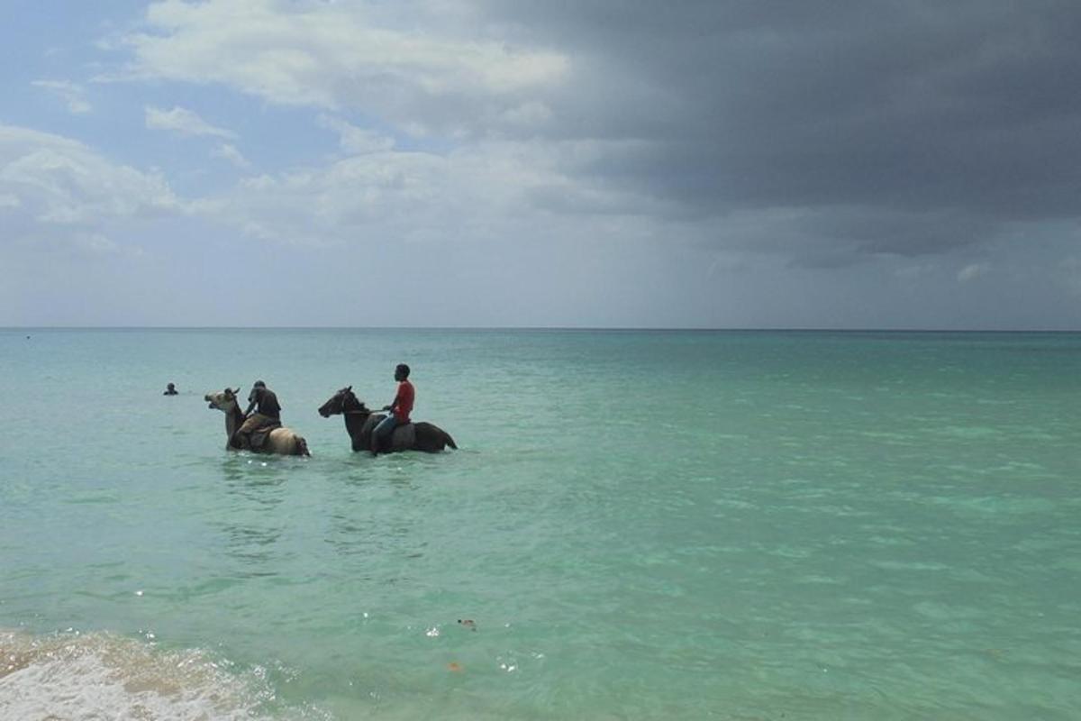 dues persones muntant a cavall a l'aigua a la platja