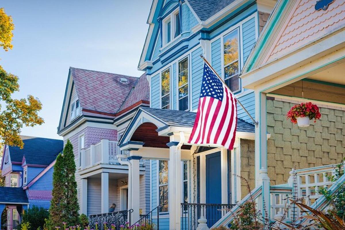 an american flag on the front of a house