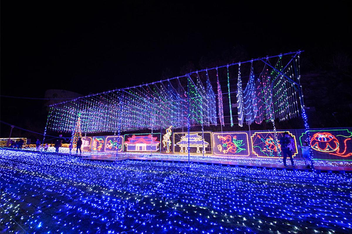 a lit up building with christmas lights on it