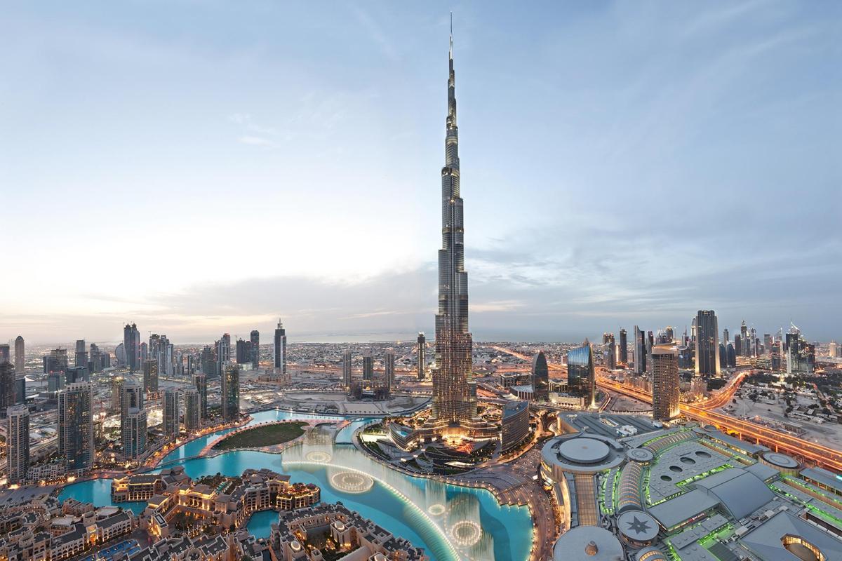 a view of the dubai skyline with the burj khalifa