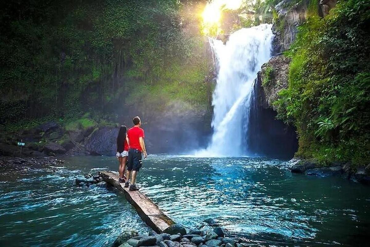 due persone in piedi su un ponte di fronte a una cascata