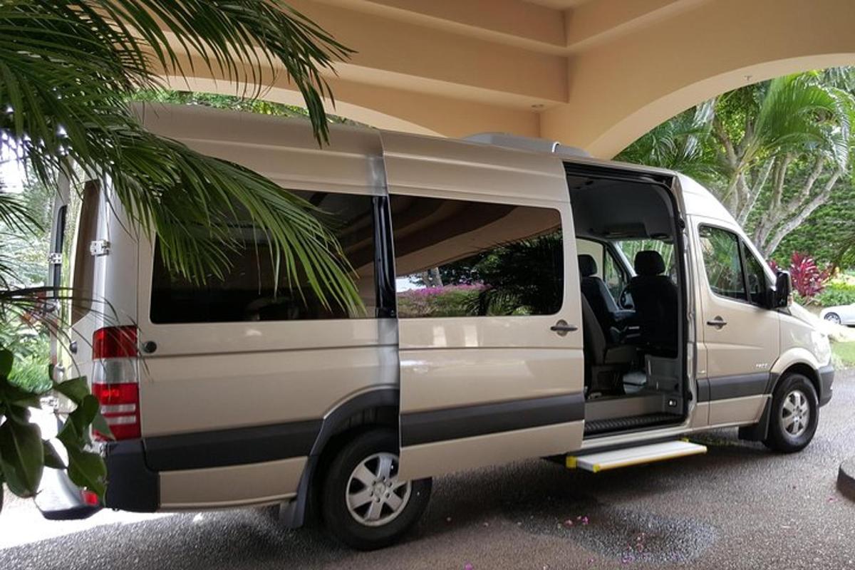a white van parked under a building with a palm tree