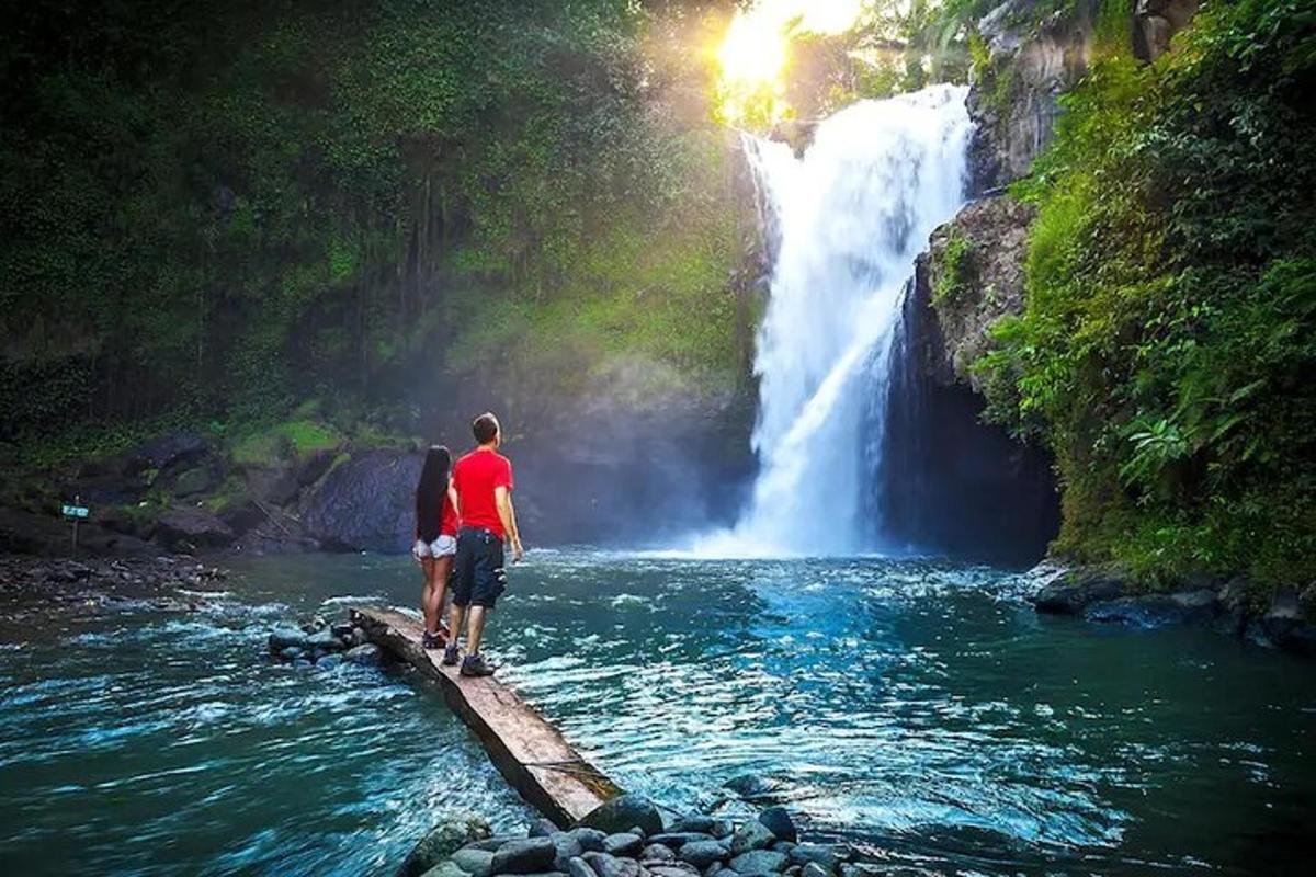 dues persones dempeus en un pont davant d'una cascada