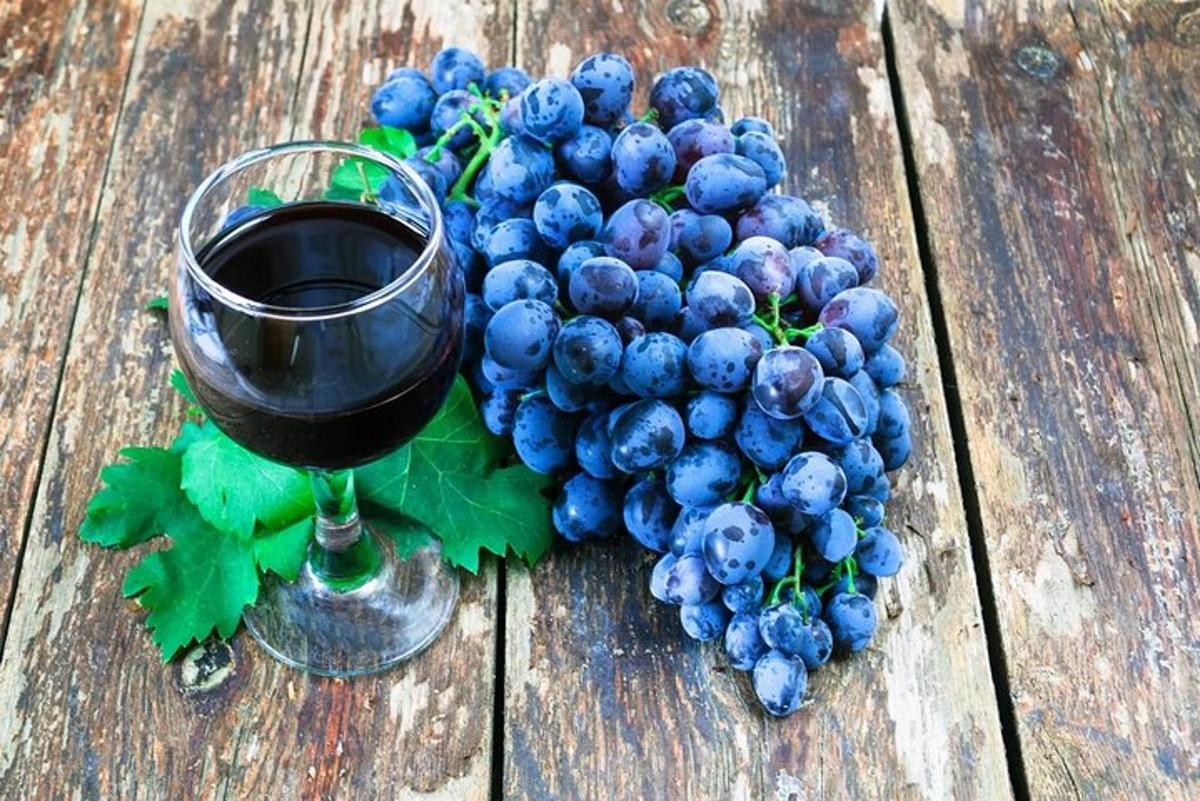 strapec modrého hrozna sediaci vedľa pohára vína