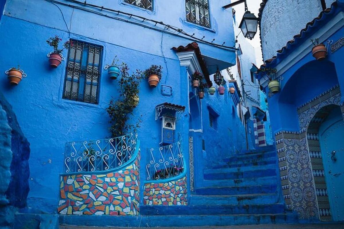 a blue building with stairs and doors and windows