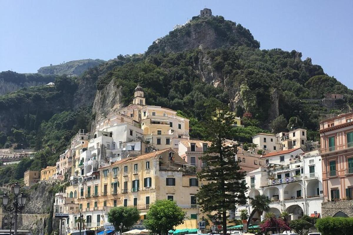 a group of buildings on a hill with a mountain