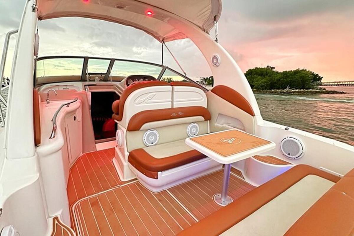 a view of the back of a boat with a table