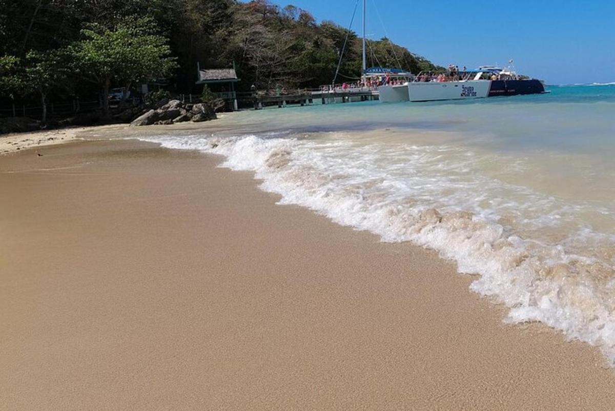 uma praia com o oceano e um barco na água